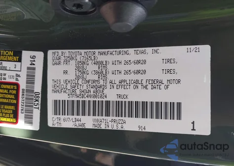 2022 Toyota Tundra 1794 Edition из США, поврежденный, VIN 5TFMA5BC4NX001024